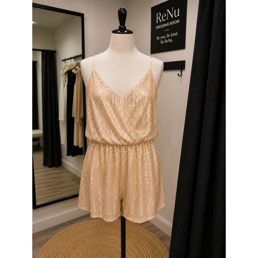 Double Crazy Sequin Romper Rose Gold Champagne V-Neck Sleeveless Size S NWOT